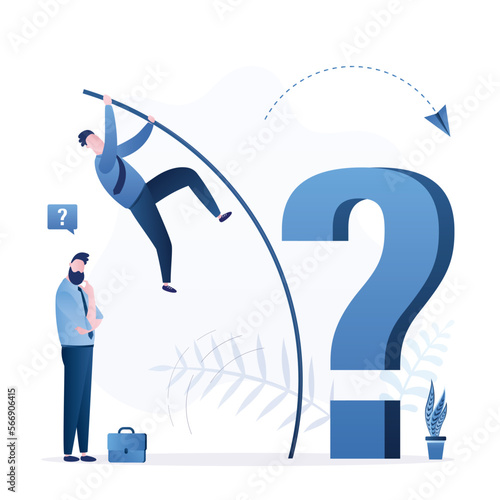 Businessman pole vault over big question mark. Solving business problems, looking for answers, brainstorming. Male characters, teamwork. Confident winner and business loser.