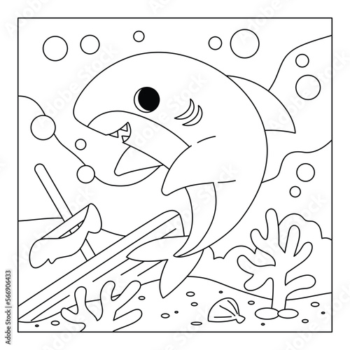 Coloring book, Cute shark and sunken ship background