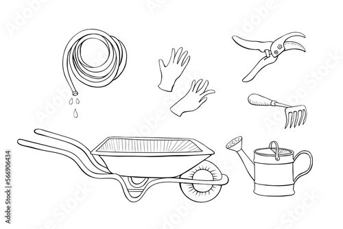 My garden. Vector set of gardening tools: wheelbarrow, watering can, prunner, hoe, protective gloves, hose for irrigation. Hand drawn outline doodle illustration