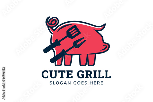cute grill logo design template. isolated on horizontal white background. combination pig and tool for barbeque. doodle style with blue and pink colors