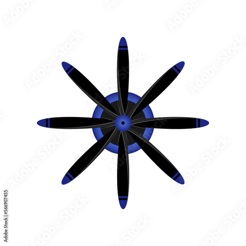Front view of black and blue plane propeller vector illustration. Airplane or aircraft blade propeller, vintage rotor blades isolated on white background. Aeronautics, aviation industry concept