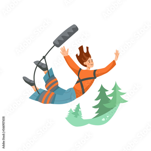 Woman bungee jumping vector illustration. Cartoon character bungee jumping isolated on white background. Extreme sports, recreation concept