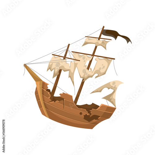 Old wooden pirate ship vector illustration. Broken boat with sails, shipwreck isolated on white background. Toys, sea adventure or journey concept