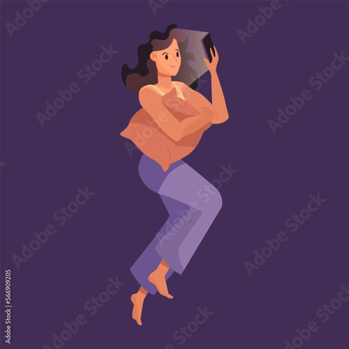 Girl lying and reading in bed before sleep vector illustration. Cartoon girl lying and reading using cellphone on purple background. Internet addiction, night time, entertainment concept