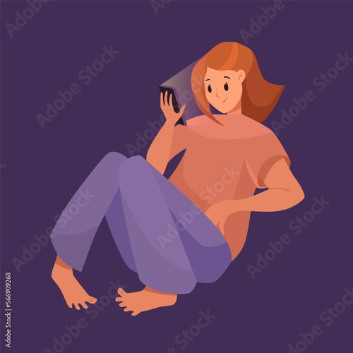 Girl reading in bed before sleep vector illustration. Cartoon girl sitting and reading using cellphone on purple background. Internet addiction, night time, entertainment concept