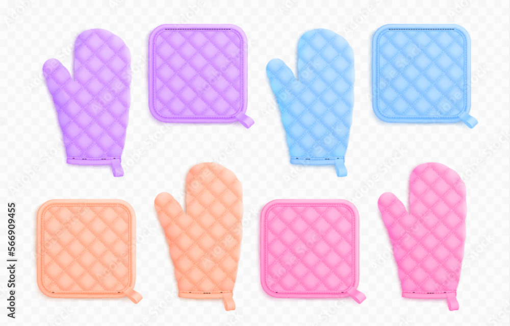 Kitchen mittens and potholders, fabric holders for cooking. Template of  textile oven mitts and gloves in pastel colors, vector realistic  illustration Stock Vector | Adobe Stock