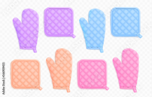 Kitchen mittens and potholders, fabric holders for cooking. Template of textile oven mitts and gloves in pastel colors, vector realistic illustration