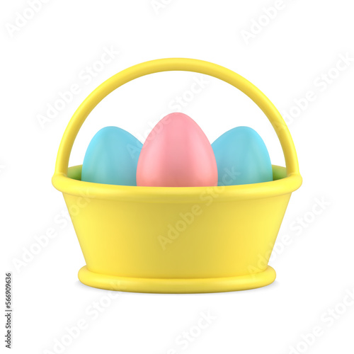 Easter yellow basket with curved handle full of painted eggs for religious holiday 3d icon vector
