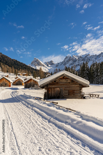 Baite alpine e chalet in mezzo alla neve in un panorama montano e con bosco © Umberto