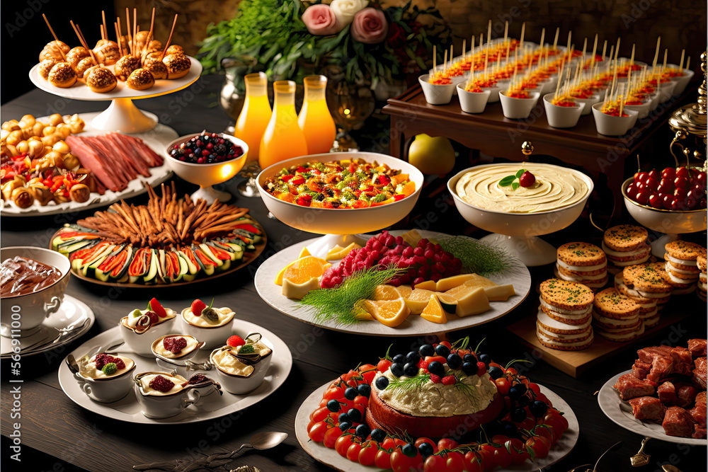 buffet food, catering food party at restaurant, mini canapes, snacks and appetizers, Made by AI,Artificial intelligence