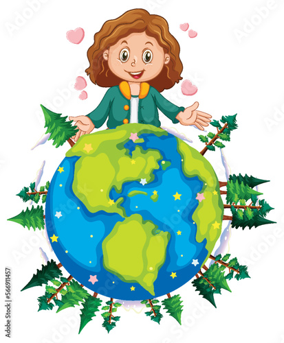 Cute girl on earth planet cartoon