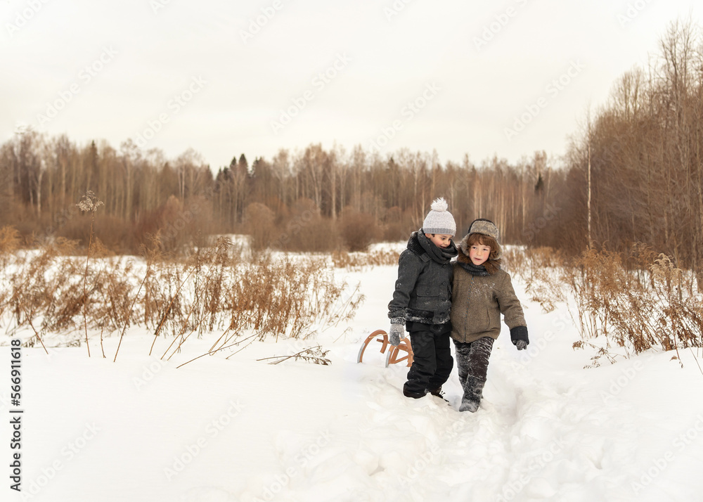 Fototapeta premium Two boys of 8 years old are walking in the forest. Friends cheerfully walk across a snow-covered field. Winter forest in the background. High quality photo
