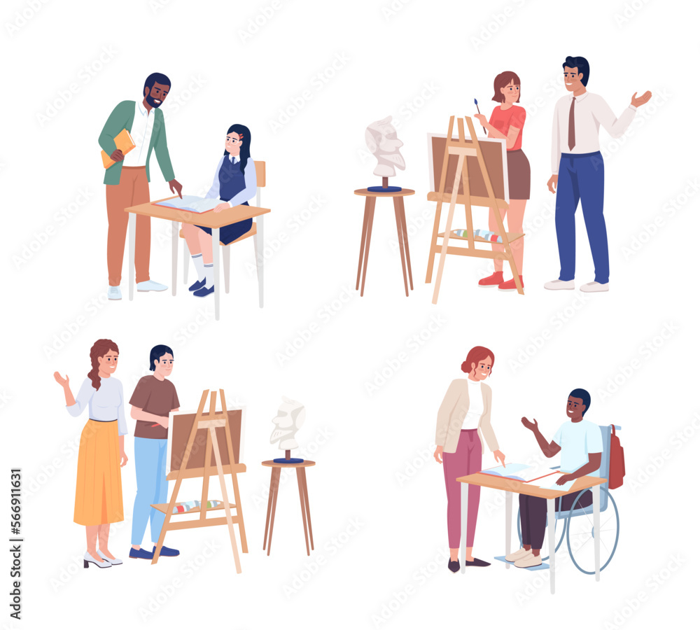 Supportive teacher and students semi flat color vector characters set. Editable figures. Full body people on white. Simple cartoon style illustration pack for web graphic design and animation