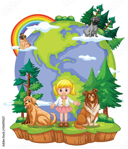 Earth day concept with cute girl and animals