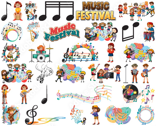 Kids musical instruments and music symbols set