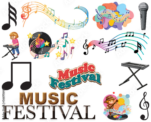 Kids musical instruments and music symbols set