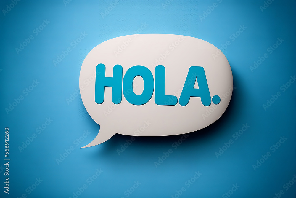 Hola. Spanish salutation word to welcome someone or initiate a conversation. Design with letters on paper speech bubble over blue background. Communication concept, introduction. Hola. Spanish salutation word to welcome someone or initiate a conversation. Design with letters on paper speech bubble over blue background. Communication concept, introduction.