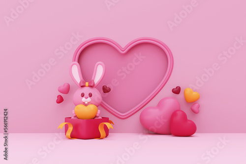 Happy Valentine's Day. Opened gift box with Teddy bunny and pink hearts shape balloons. Promotion display background for valentine. 3d rendering.