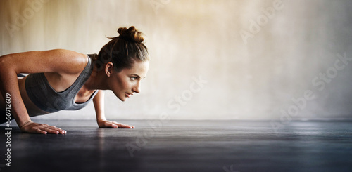 Slika na platnu Woman, fitness and pushups on mockup for exercise, workout or intense training on floor