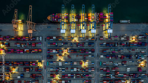 Aerial view container cargo ship industrial port working at night, Container cargo ship global business freight shipping logistic import export transportation international, Container cargo ship.