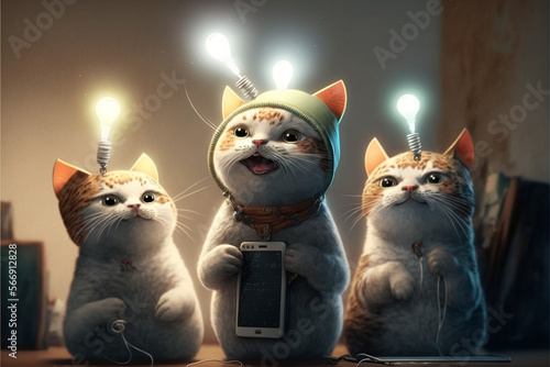 smiling cat with cell phones and idea lamp on their heads, funny, sharp focus, incredible light. Generative AI