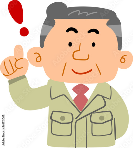 人差し指を立てる作業着の中年男性の上半身
