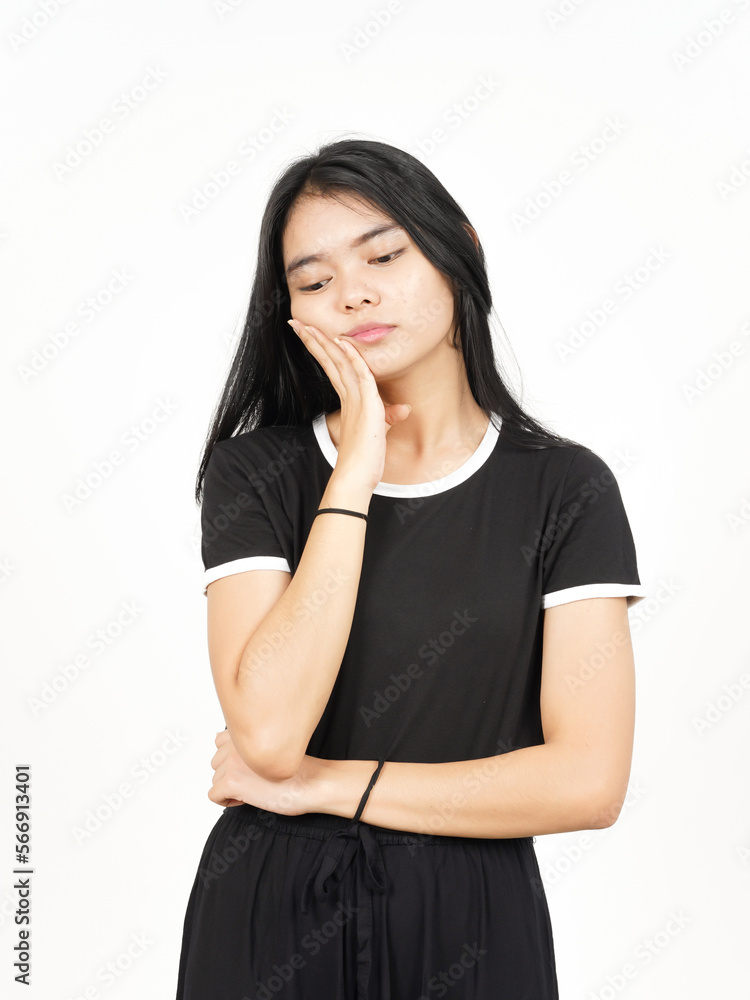 Hand on cheek boring gesture Of Beautiful Asian Woman Isolated On White Background Hand on cheek boring gesture Of Beautiful Asian Woman Isolated On White Background