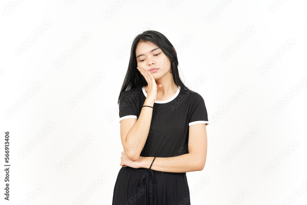 Hand on cheek boring gesture Of Beautiful Asian Woman Isolated On White Background Hand on cheek boring gesture Of Beautiful Asian Woman Isolated On White Background