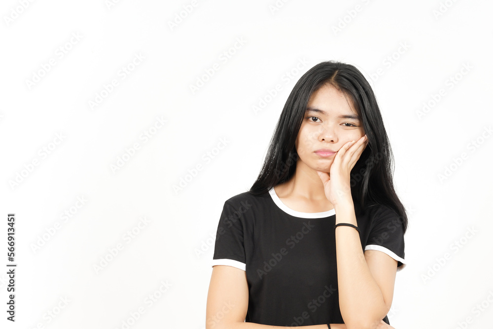 Hand on cheek boring gesture Of Beautiful Asian Woman Isolated On White Background Hand on cheek boring gesture Of Beautiful Asian Woman Isolated On White Background