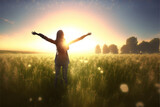 Woman embracing life standing outside in beautiful meadow with her arms raised high. back view. Generative AI
