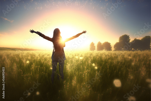 Woman embracing life standing outside in beautiful meadow with her arms raised high. back view. Generative AI