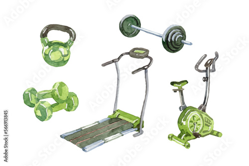 Watercolor hand drawn gym equipment collection