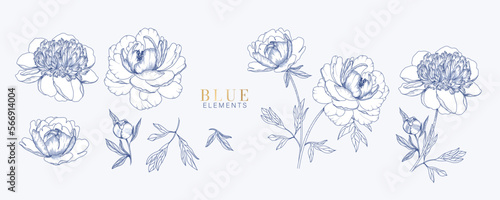 Luxury Navy blue flower elements vector decorate wall art