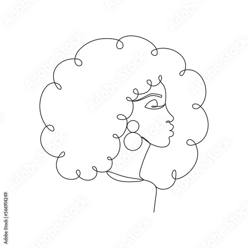 Pretty African woman with curly hair and round earring. Side view. Black outline female portrait in profile, isolated on a white background. Continuous single line art. Minimalist vector illustration