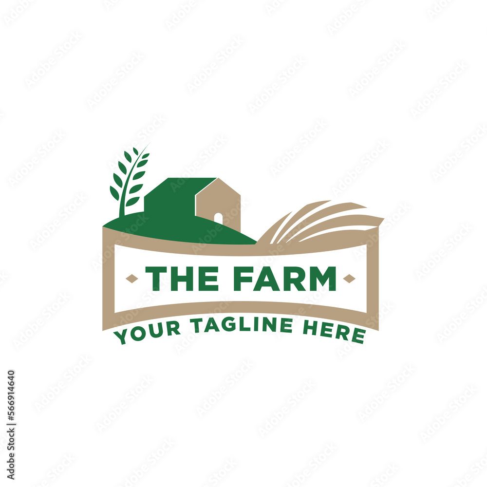 Fototapeta premium Farm House concept logo. Template with rural landscape. Labels for natural agricultural products. Vector illustration.