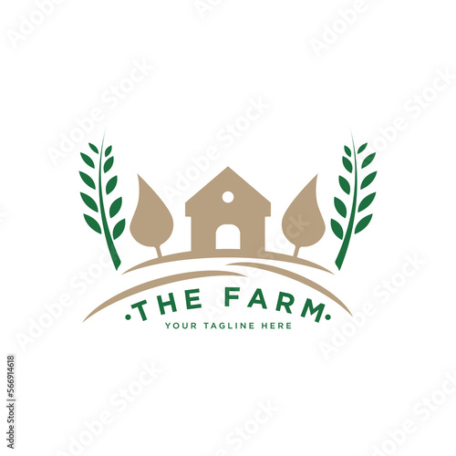 Farm House concept logo. Template with rural landscape. Labels for natural agricultural products. Vector illustration.