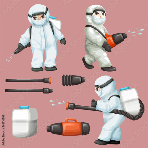 Bundle cartoon character with man in protective workwear and spraying element