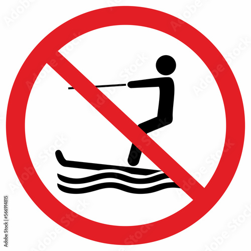 No water skiing, red circle sign, vector icon. Person on water ski, black silhouette on white background.
