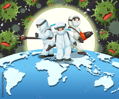 Cartoon character of man in protective workwear and spraying sterilize