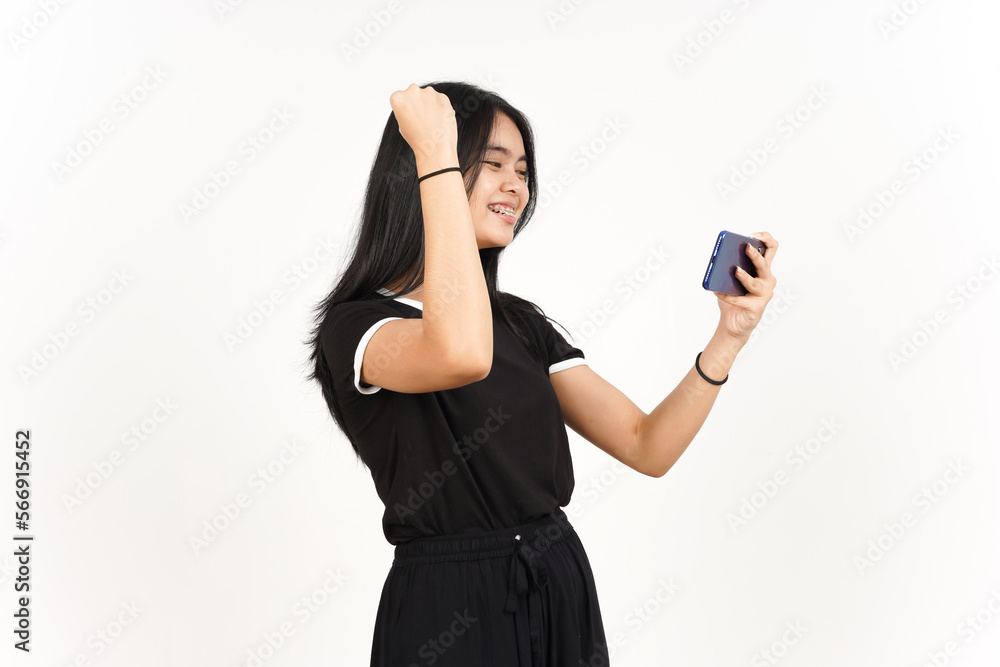 Playing Mobile Game on Smartphone Of Beautiful Asian Woman Isolated On White Background Playing Mobile Game on Smartphone Of Beautiful Asian Woman Isolated On White Background
