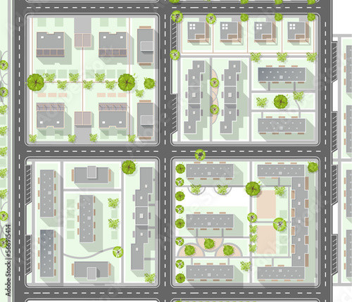 Top view of the city. Plan of town with crossroads, houses, roof, park. Cityscape aerial landscape from above. Background town map. Vector Landscape design plan. Highly detailed country map