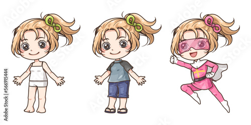 bundle of isolated cute girl cartoon characters collection