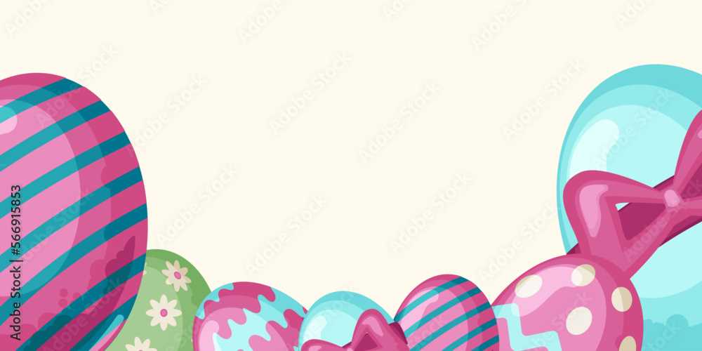 Happy Easter banner, poster, greeting card. Trendy Easter design with typography, bunnies, flowers, eggs.