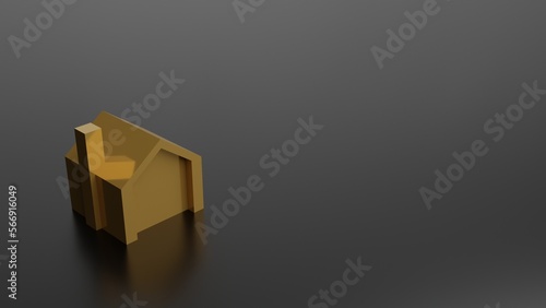 Golden house model on reflective black background, real estate, construction, residential house.