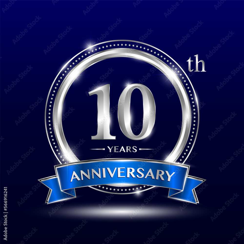 10th Anniversary logo with retro style, silver color ring design and blue ribbon for anniversary celebration event. Logo Vector Template Illustration 10th Anniversary logo with retro style, silver color ring design and blue ribbon for anniversary celebration event. Logo Vector Template Illustration