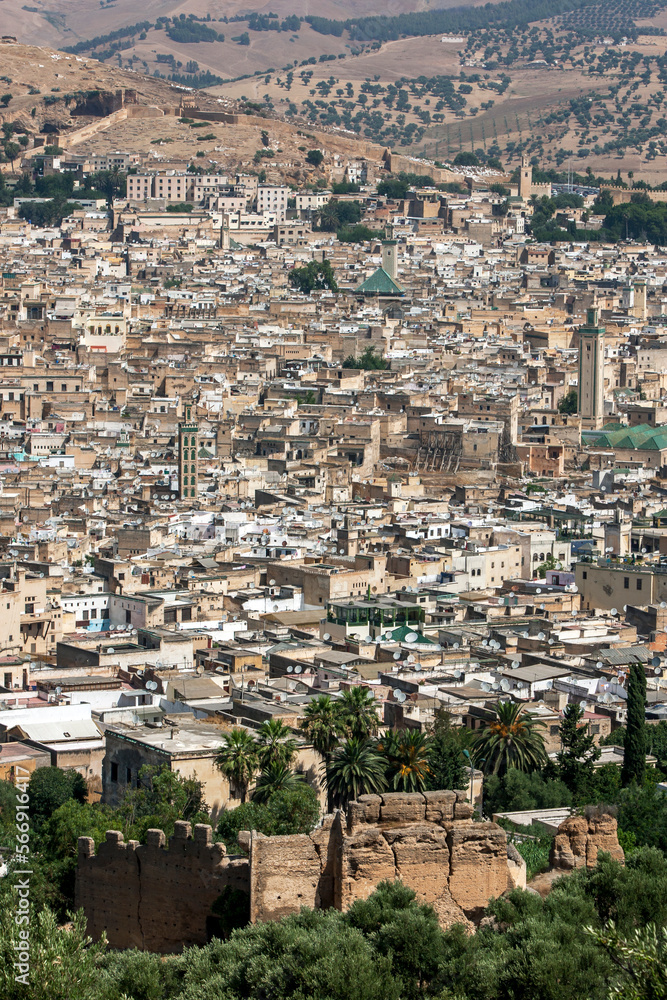 Standing on a hill overlooking the old city of Fez in Morocco are the ruins of the ancient city wall which once surrounded the medina.