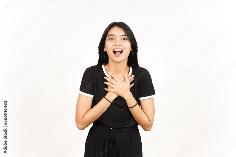 Hand on chest with wow or shocked face expression Of Beautiful Asian Woman Isolated On White Hand on chest with wow or shocked face expression Of Beautiful Asian Woman Isolated On White
