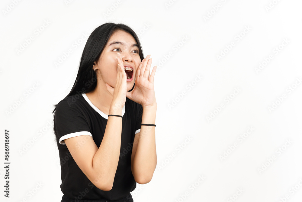Making Announcement with hands over mouth Of Beautiful Asian Woman Isolated On White Background Making Announcement with hands over mouth Of Beautiful Asian Woman Isolated On White Background