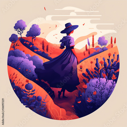 Flat illustration of a woman in a summer hat and a flowing dress walks through a lavender field, rolling a bicycle with her hands. Flat illustration, suits for round frame