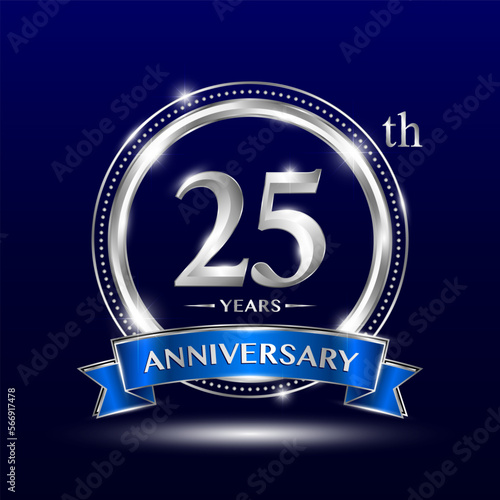 25th Anniversary logo with retro style, silver color ring design and blue ribbon for anniversary celebration event. Logo Vector Template Illustration photo